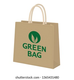 Jute bag with print. Eco lifestyle. 3d vector illusration