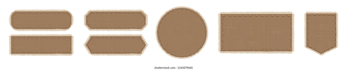 Jute cloth patches, labels with burlap fabric texture. Vector illustration of textile tags different shapes from brown canvas material with stitches isolated on white background