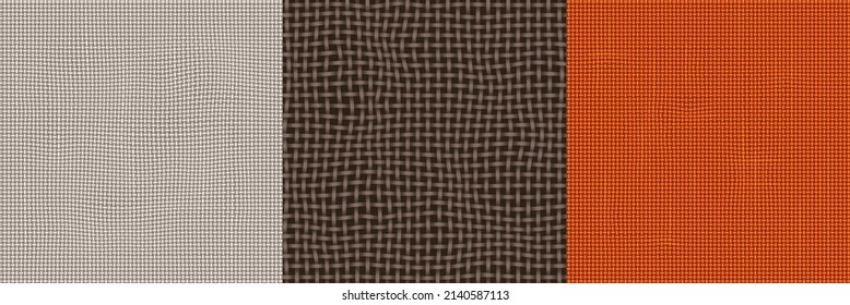 Jute fabric textures. Seamless patterns of burlap, woven cloth, rough cotton textile. Vector set of canvas material backgrounds, red, brown and beige sackcloth surface