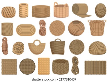 Jute icons set cartoon vector. Canvas hessian. Stith mat