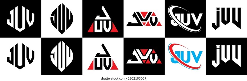 JUV letter logo design in six style. JUV polygon, circle, triangle, hexagon, flat and simple style with black and white color variation letter logo set in one artboard. JUV minimalist and classic logo