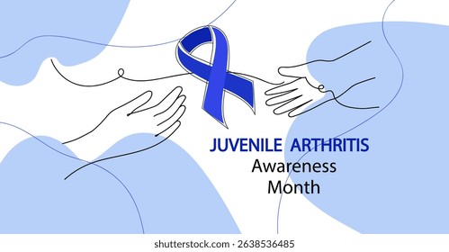 juvenile arthritis awareness month line art vector illustration. two hands and blue ribbon isolated on white background.
