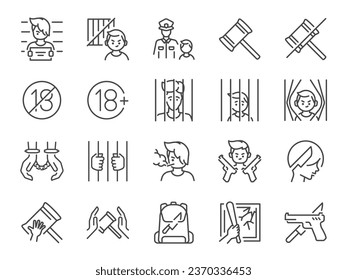 Juvenile crime icon set. It included delinquent, justice, law, crime, and more icons. Editable Vector Stroke.