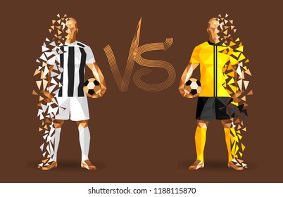 Juventus vs Young Boys soccer players holding vintage footballs, representing two opposing teams, standing isolated with a flat background behind them and a versus sign between them