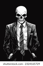 The juxtaposition death   sophistication captured in skull wearing suit illustration  perfect for striking logo design