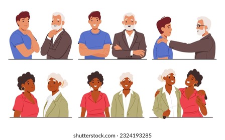 La Juxtaposición Muestra A Un Hombre Joven Y A Una Mujer Mayor Y Joven, Reflejando Los Contrastes De Juventud Y Edad, Así Como El Paso Del Tiempo Y La Belleza De La Diversidad Humana. Ilustración vectorial