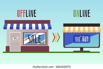 Juxtaposition and difference in online and offline store. Online retailing or converting regular store to online accessible store, flat vector illustration.