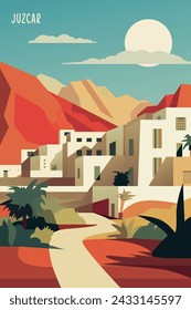 Juzcar retro village poster with abstract shapes of skyline, buildings at sunrise, sunset. Vintage Spain, Malaga province, Andalusia town travel vector illustration