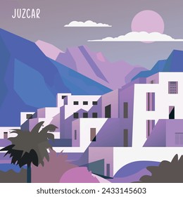 Juzcar retro village poster with abstract shapes of skyline, buildings at sunrise, sunset. Vintage Spain, Malaga province, Andalusia town travel vector illustration