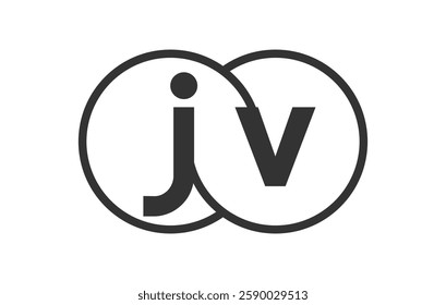 JV business company emblem with outline rounds and letters j v. Logo template of two merged circles for brand identity, logotype. Vector Infinity symbol  and technology sign.