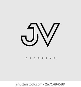Logotipo de letra creativa de JV: monograma de línea mínima en negro para un diseño de identidad de marca moderno.