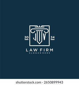 Logotipo inicial del monograma de JV para el bufete de abogados con el diseño del pilar en cuadrado creativo