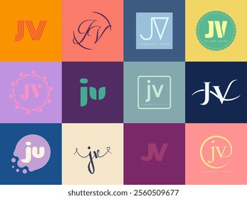 JV logo company template. Letter j and v logotype. Set different classic serif lettering and modern bold text with design elements. Initial font typography. Collection trendy business identity.