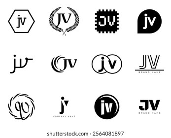 JV logo company template. Letter j and v logotype. Set different classic serif lettering and modern bold text with design elements. Initial font typography. Collection trendy business identity.