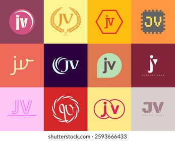 JV logo company template. Letter j and v logotype. Set different classic serif lettering and modern bold text with design elements. Initial font typography. Collection trendy business identity.