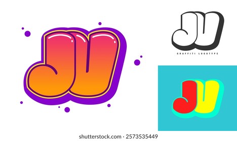 JV logo design for festival or party. Initial letter j and v in graffiti style. Creative modern lettering company name of font typography. Kids trendy logotype or identity. Vector illustration.