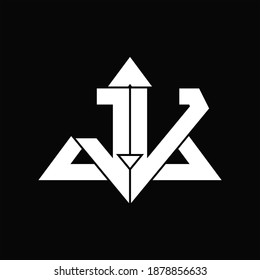 Monograma del logotipo JV aislado con plantilla de diseño de forma triangular en fondo negro