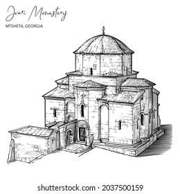 Jvari Monastery near city of Mtskheta in Georgia. Black line drawing isolated on white background.