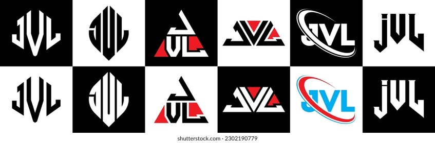 JVL letter logo design in six style. JVL polygon, circle, triangle, hexagon, flat and simple style with black and white color variation letter logo set in one artboard. JVL minimalist and classic logo