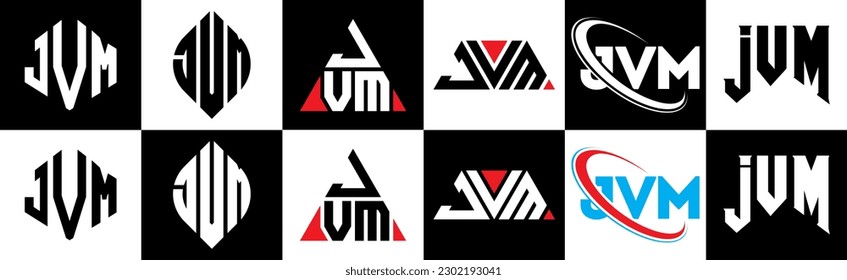 JVM letter logo design in six style. JVM polygon, circle, triangle, hexagon, flat and simple style with black and white color variation letter logo set in one artboard. JVM minimalist and classic logo
