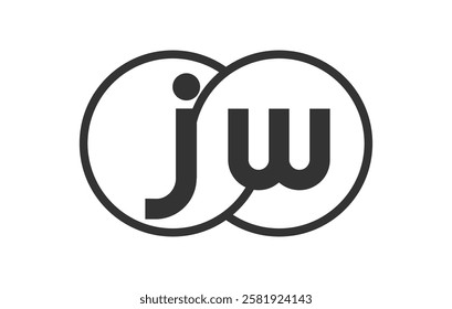 JW business company emblem with outline rounds and letters j w. Logo template of two merged circles for brand identity, logotype. Vector Infinity symbol  and technology sign.