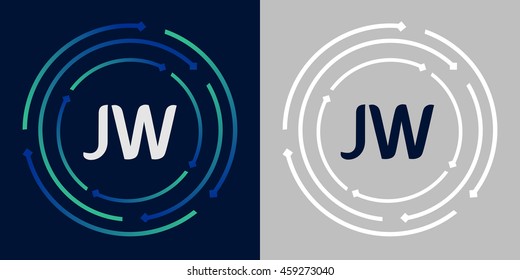 JW design template elements in abstract background logo, design identity in circle, letters business logo icon, blue/green alphabet letters, simplicity graphics