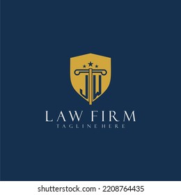 Logotipo de la firma de abogados monograma inicial de JW con diseño de pilar y escudo