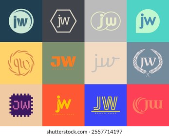 JW logo company template. Letter j and w logotype. Set different classic serif lettering and modern bold text with design elements. Initial font typography. Collection trendy business identity.