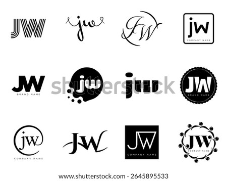 JW logo company template. Letter j and w logotype. Set different classic serif lettering and modern bold text with design elements. Initial font typography. Collection trendy business identity.