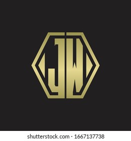 Monograma de logotipo JW con plantilla de diseño redondeado de línea hexagonal con colores dorados