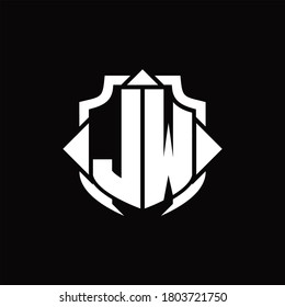 Monograma del logotipo de JW con línea de protección y plantilla de diseño de 3 flechas sobre fondo negro