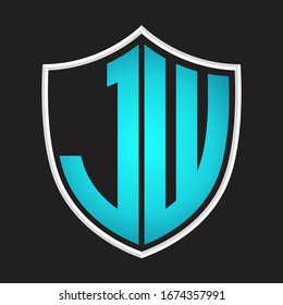 Monograma del logotipo JW con forma de escudo colores azules aislados en la plantilla de diseño de esquema