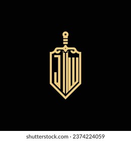 El escudo vintage de JW y el logotipo inicial de la espada en un diseño profesional de alta calidad que se imprimirán en cualquier medio impreso