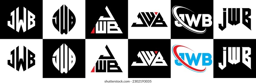 JWB letter logo design in six style. JWB polygon, circle, triangle, hexagon, flat and simple style with black and white color variation letter logo set in one artboard. JWB minimalist and classic logo
