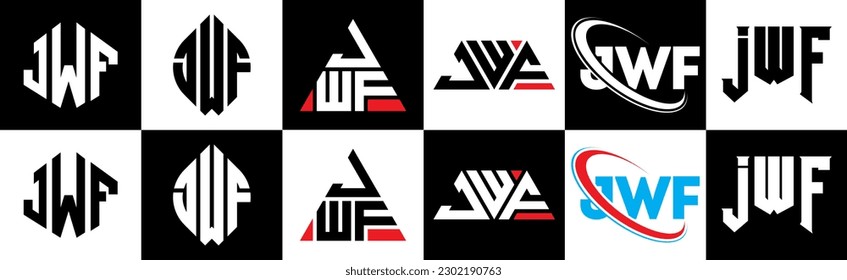 JWF Brief Logo Design in sechs Stilrichtungen. JWF Polygon, Kreis, Dreieck, Hexagon, flacher und einfacher Stil mit schwarz-weißem Farbänderungslogo in einer Zeichenfläche. JWF-Logo minimalistisch und klassisch