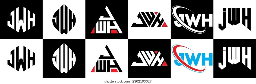 JWH letter logo design in six style. JWH polygon, circle, triangle, hexagon, flat and simple style with black and white color variation letter logo set in one artboard. JWH minimalist and classic logo