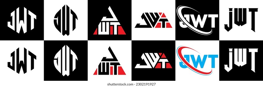 JWT letter logo design in six style. JWT polygon, circle, triangle, hexagon, flat and simple style with black and white color variation letter logo set in one artboard. JWT minimalist and classic logo