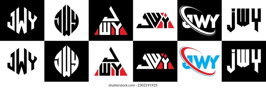 JWY letter logo design in six style. JWY polygon, circle, triangle, hexagon, flat and simple style with black and white color variation letter logo set in one artboard. JWY minimalist and classic logo