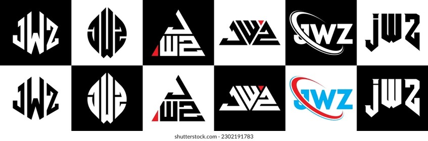 JWZ letter logo design in six style. JWZ polygon, circle, triangle, hexagon, flat and simple style with black and white color variation letter logo set in one artboard. JWZ minimalist and classic logo