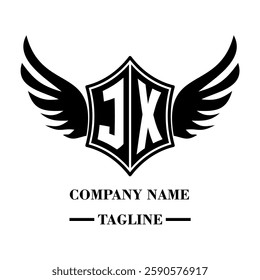 JX bold shield logo with wings, customizable with letters A to Z. Perfect for brands seeking a powerful symbol of strength, freedom, and ambition