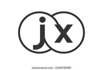 JX business company emblem with outline rounds and letters j x. Logo template of two merged circles for brand identity, logotype. Vector Infinity symbol  and technology sign.