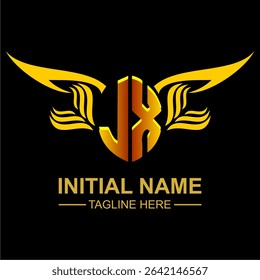 JX Golden Wing Emblem Logo with elegant gold wings, sleek and modern design. Ideal for branding, creative projects, luxury businesses, or artistic ventures.
