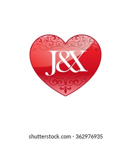 J&X initial letter couple logo with ornament heart shape