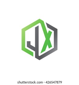 JX initial letters looping linked hexagon logo black gray green