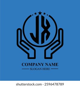 JX initials held within hands, symbolizing trust and protection. The circle represents unity, while stars highlight excellence and ambition.