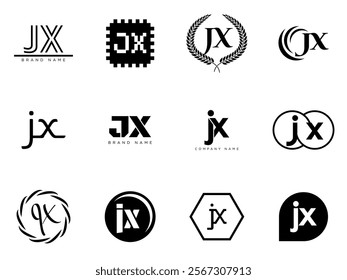 JX logo company template. Letter j and x logotype. Set different classic serif lettering and modern bold text with design elements. Initial font typography. Collection trendy business identity.