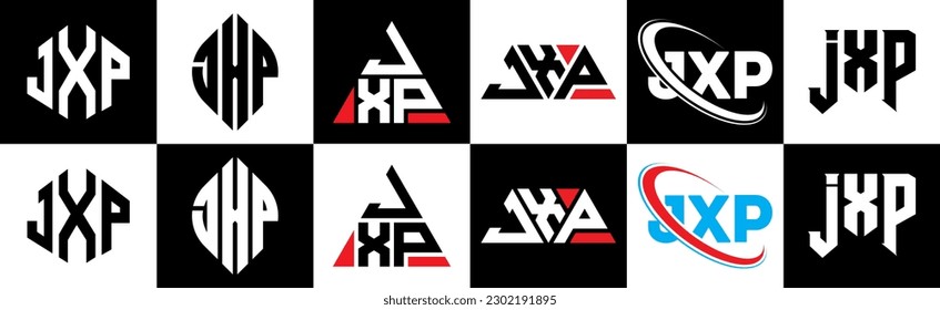 JXP letter logo design in six style. JXP polygon, circle, triangle, hexagon, flat and simple style with black and white color variation letter logo set in one artboard. JXP minimalist and classic logo