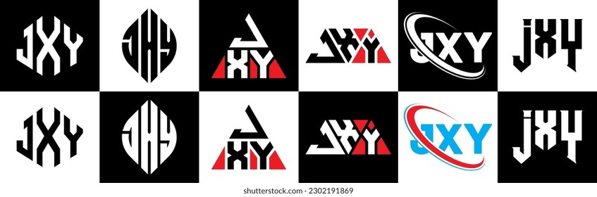 JXY letter logo design in six style. JXY polygon, circle, triangle, hexagon, flat and simple style with black and white color variation letter logo set in one artboard. JXY minimalist and classic logo
