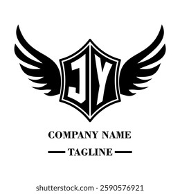 JY bold shield logo with wings, customizable with letters A to Z. Perfect for brands seeking a powerful symbol of strength, freedom, and ambition