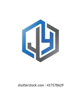 JY initial letters looping linked hexagon logo black gray blue